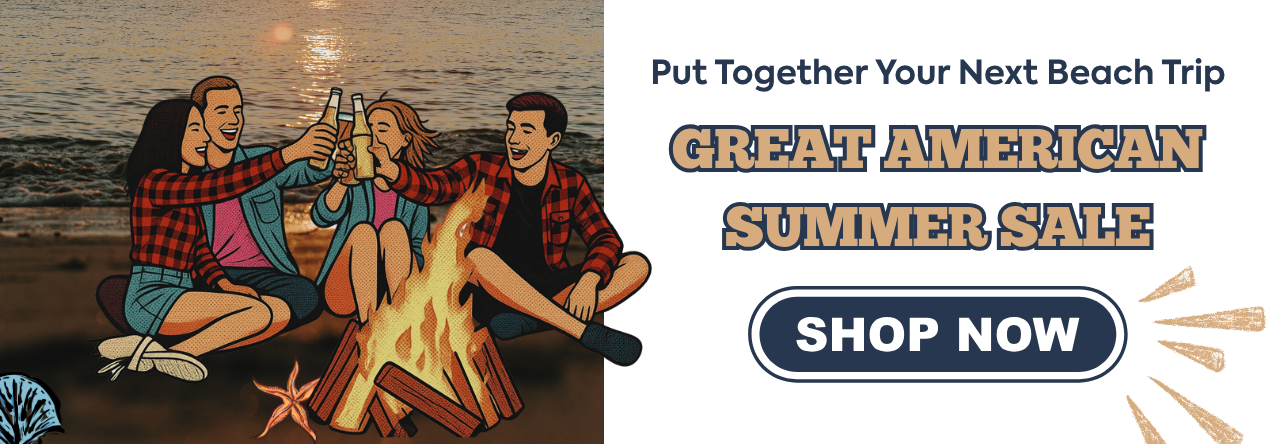 Put together your next beach trip with IWAE's Great American Summer Sale. Shop now. text: Put together your next beach trip with IWAE's Great American Summer Sale. Shop now. image: an art deco stylized group of friends around a bonfire.