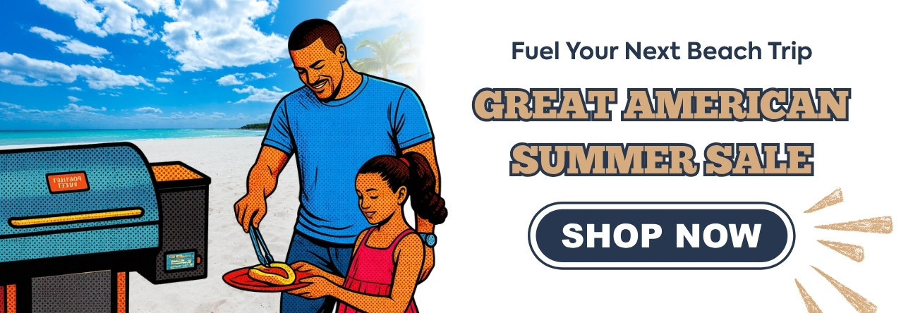 Fuel your next beach trip with IWAE's Great American Summer Sale Shop Now text: Fuel your next beach trip with IWAE's Great American Summer Sale Shop Now image: an art deco stylized father and daughter grilling at the beach
