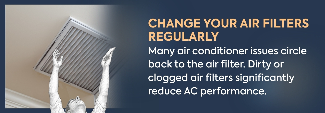CHANGE YOUR AIR FILTERS REGULARLY text: Many air conditioner issues circle back to the air filter. Dirty or clogged air filters significantly reduce AC performance.