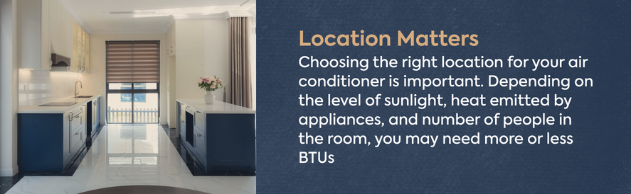 text: Choosing the right location for your air conditioner is important. Depending on the level of sunlight, heat emitted by appliances, and number of people in the room, you may need more or less BTUs image: a narrow white and navy blue themed kitchen