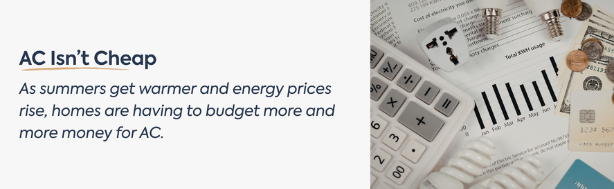 AC Isn’t Cheap text: As summers get warmer and energy prices rise, homes are having to budget more and more money for AC. image: a calculator, bills, and scattered coins