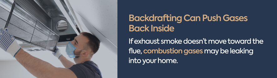 Backdrafting Can Push Gases Back Inside text: If exhaust smoke doesn’t move toward the flue, combustion gases may be leaking into your home.