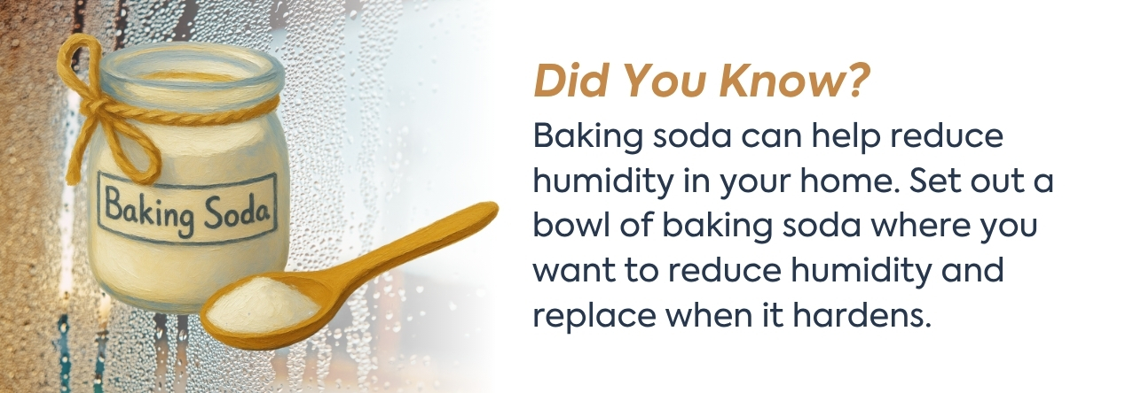 Did you know? Baking Soda humidity tip text: Baking soda can help reduce humidity in your home. Set out a bowl of baking soda where you want to reduce humidity and replace when it hardens.