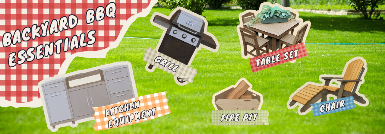 Backyard BBQ Station Essentials scrapbook stylized images of a grill, table set, outdoor kitchen equipment, fire pit, and chair