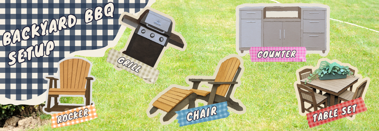Backyard BBQ Setup Backyard bbq setup elements with chairs, tables, rockers, grills, and outdoor kitchen equipment