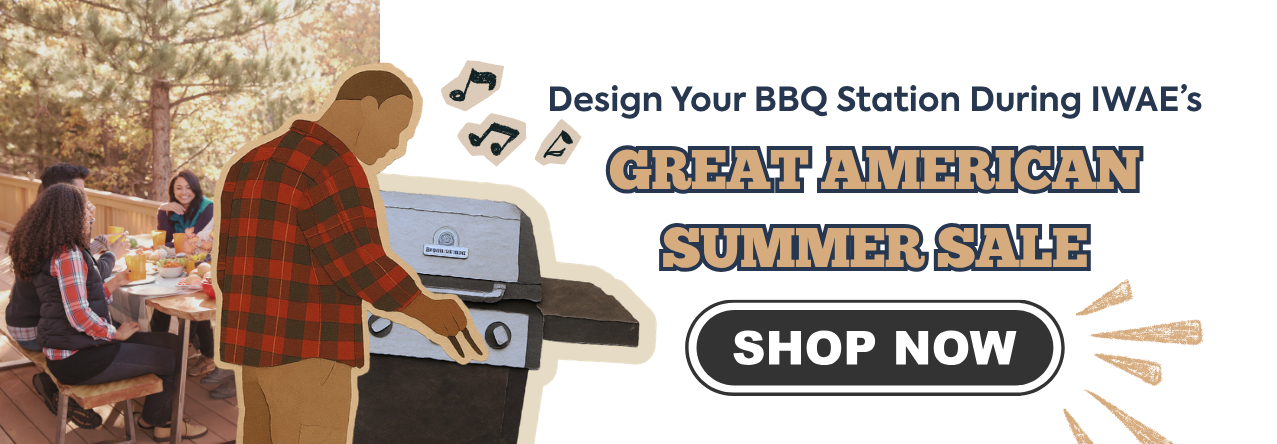 Design your backyard bbq station during IWAE's great american summer sale text: Design your backyard bbq station during IWAE's great american summer sale shop now image: a scrapbook stylized man grilling