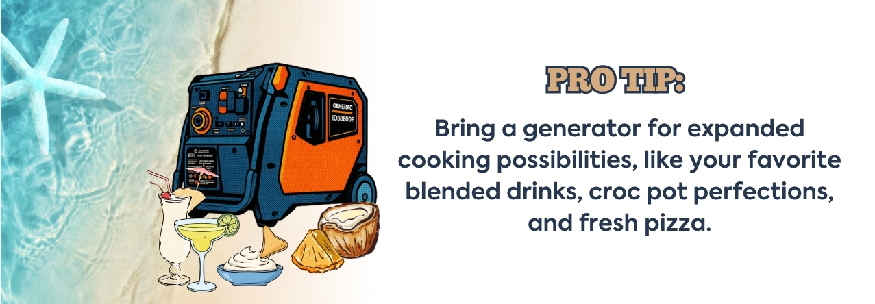 beach generator pro tip text: Bring a generator for expanded cooking possibilities, like your favorite blended drinks, croc pot perfections, and fresh pizza. image: an art deco stylized generac generator on the beach