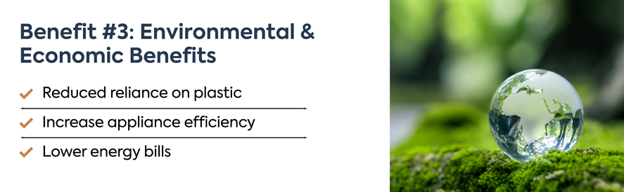 a checklist explainig the environmental and economic benefits of water filtration featuring an image of a drop of water sitting on moss which is the shape of a globe