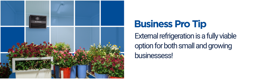 Mrcool compact refrigeraion system business pro tip text: External refrigeration is a fully viable option for both small and growing businessess! image: a mrcool compact refrigeration system at a florist