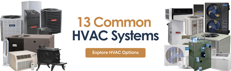 image: an IWAE air conditioner split system, a Goodman split system heat pump, a Revolv mobile home package unit, a MrBreeze, a PTAC unit, a wood stove, an AMANA wall unit, a window unit,  a MrCool ductless mini split, a MrCool heat pump split system