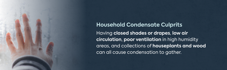 Household condensate culprits include close shades, low air circulation, poor ventilation, and household plants and wood
