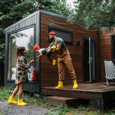 Container home mini split A family playing on the wooden porch of their container home.