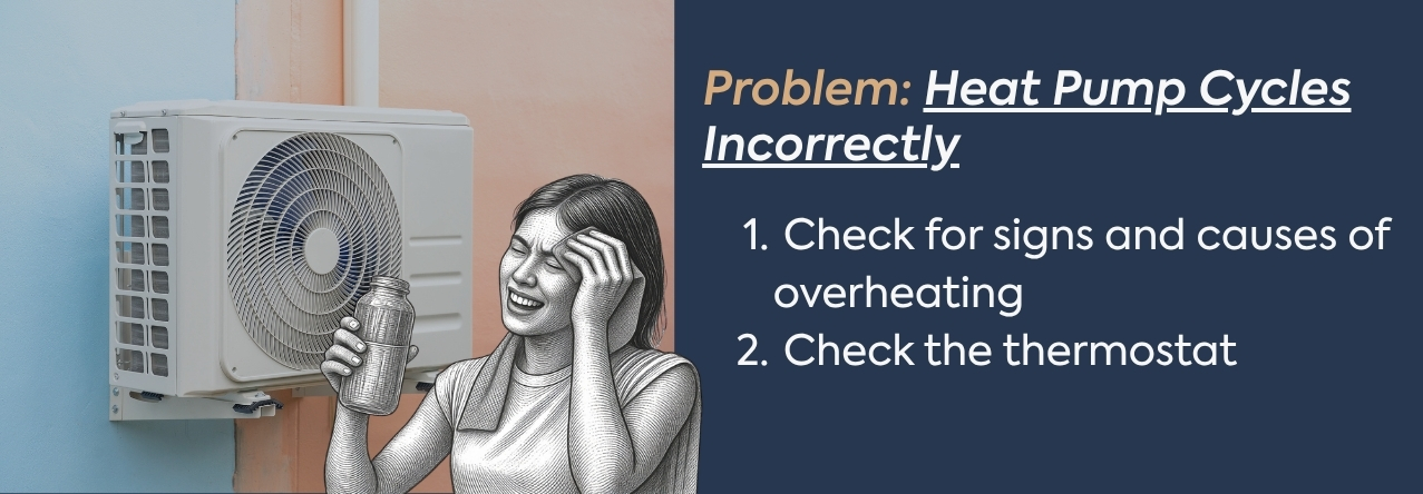 Problem: Heat Pump Cycles Incorrectly text: Check for signs and causes of overheating Check the thermostat