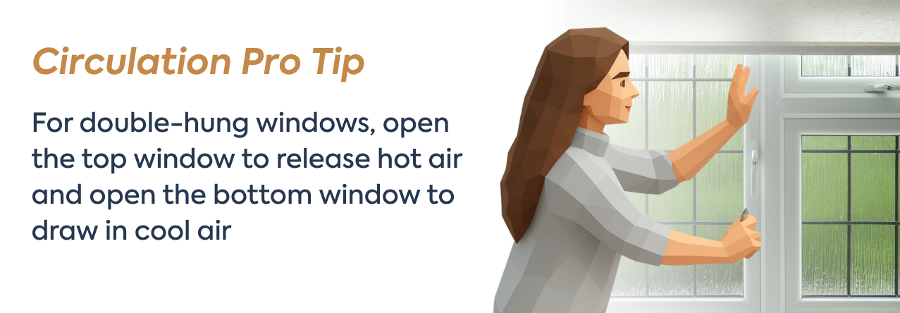 text: For double-hung windows, open the top window to release hot air and open the bottom window to draw in cool air