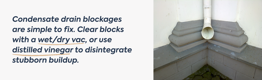 text: Condensate drain blockages are simple to fix. Clear blocks with a wet/dry vac, or use distilled vinegar to disintegrate stubborn buildup. image: a drain pipe