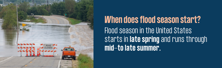US Flood Season text: Flood season in the United States starts in late spring and runs through mid-to late summer. image: a road closure due to flooding