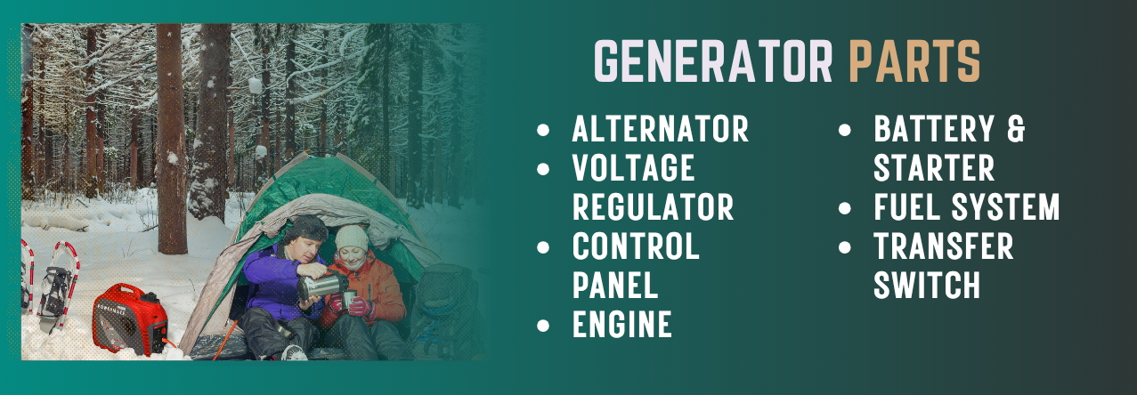 Critical generator parts A list of critical generator parts: Alternator Voltage regulator Control Panel engine Battery & starter fuel system transfer switch