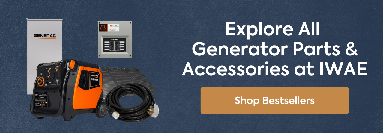 explore all generator parts and accessories at IWAE explore all generator parts and accessories at IWAE. image: generac portable generator, transfer switch, and solar panels.