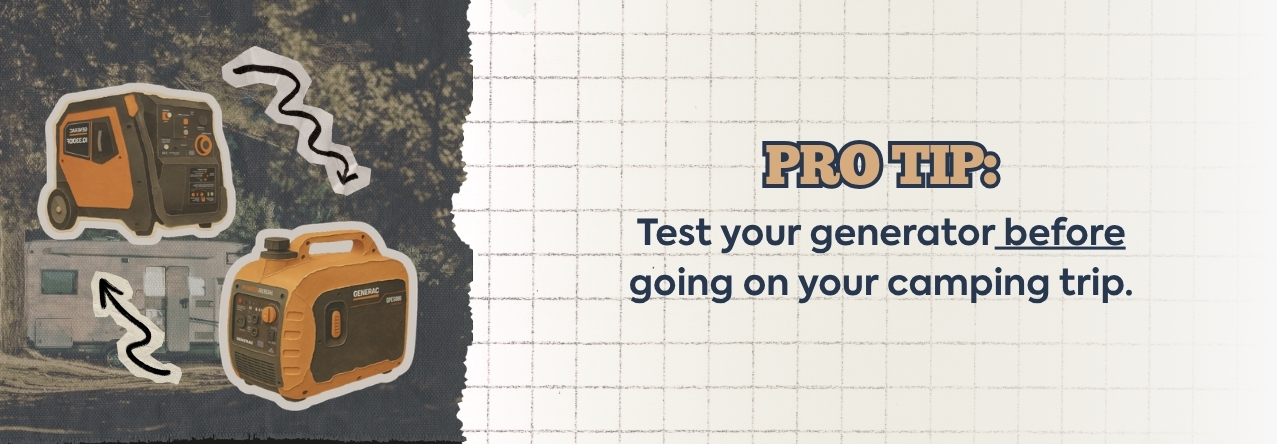 Camping Generator Pro Tip text: Test your generator before going on your camping trip. image: a stylized Generac inverter generator and Generac iQ3800 Dual Fuel Portable Inverter Generator