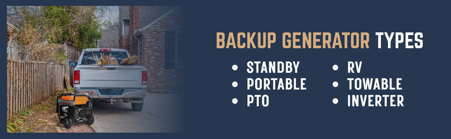 text: Standby Portable PTO RV Towable Inverter image: a portable generator sitting on the ground behind a white pickup truck