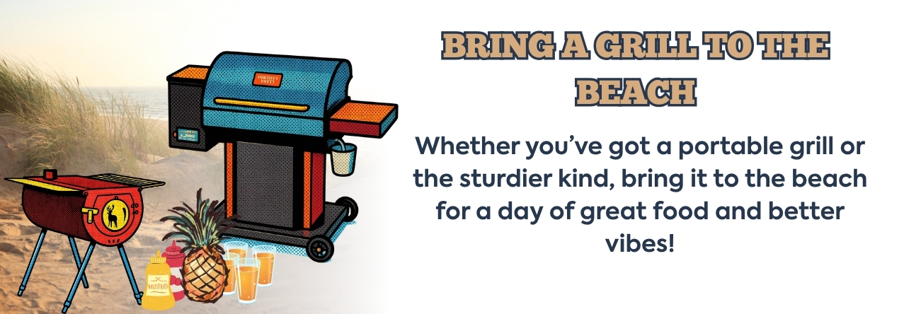 BRing A Grill to the Beach text: Whether you’ve got a portable grill or the sturdier kind, bring it to the beach for a day of great food and better vibes! image: art deco stylized grills on the beach