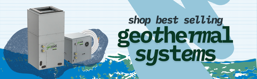 text: Shop IWAE's bestselling geothermal systems image: a geocool geothermal system