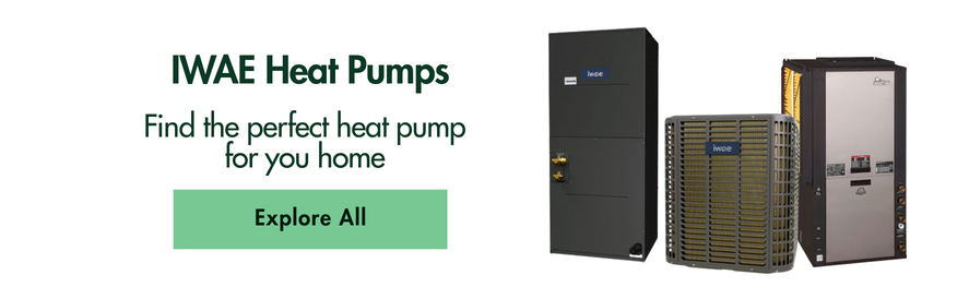 IWAE Heat pump text: Find the perfect heat pump for your home. Explore all IWAE heat pumps. Image: IWAE heat pump and a climatemaster geothermal heat pump