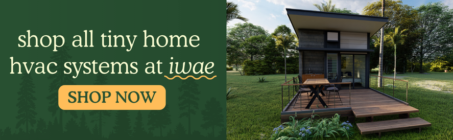 Shop all tiny home hvac at IWAE image: a tiny home with an extended roof and front porch.
