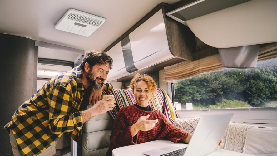 Interior look at a MrCool TravelCool Air Distribution Box: Positioned on the ceiling of an rv