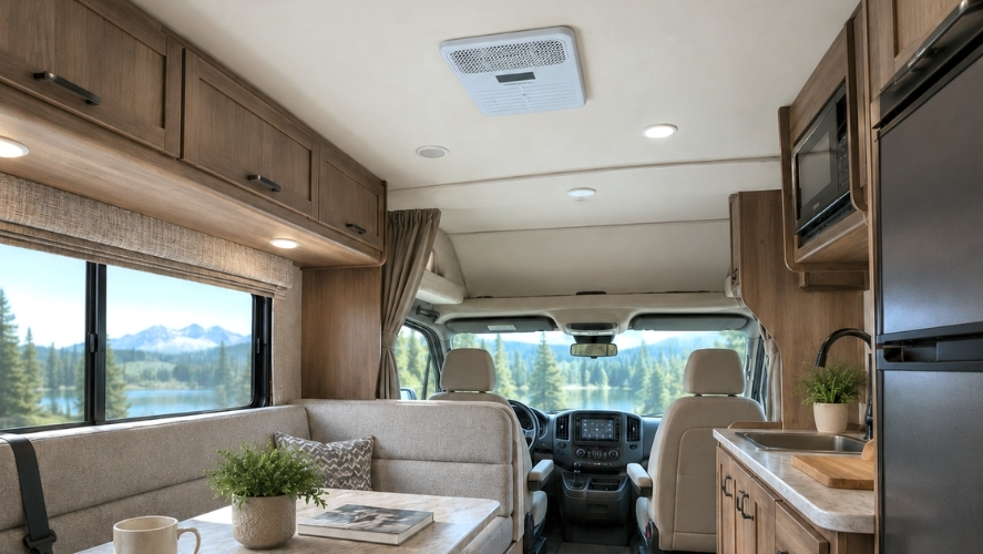 MrCool TravelCool RV Inverter System Air Distubution Box: Installed on the ceiling of a driving motorhome
