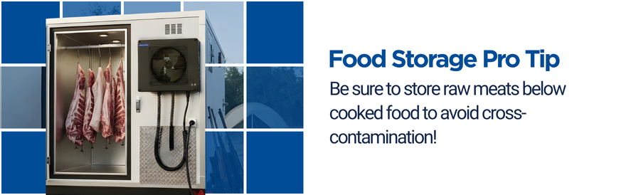 MRCOOL Compact Refrigeration System Food Storage Pro Tip text: Be sure to store raw meats below cooked food to avoid cross-contamination! Image: a mrcool compact refrigeration system attached to a meat cooler with hanging meat inside