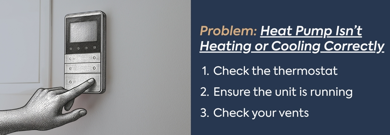 Problem: Heat Pump Isn’t Heating or Cooling Correctly text: Check the thermostat Ensure the unit is running Check your vents
