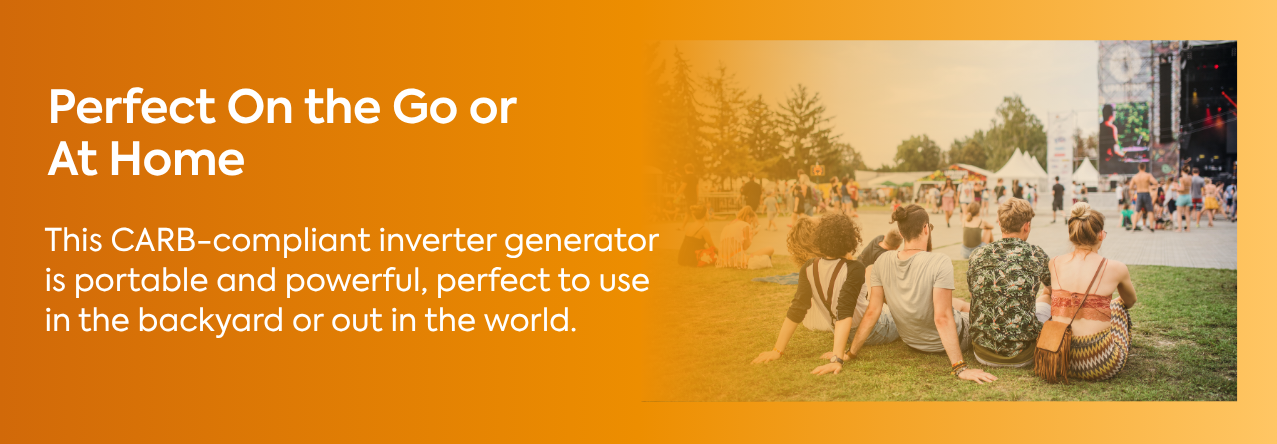 text: This CARB-compliant inverter generator is portable and powerful, perfect to use in the backyard or out in the world. image: festival goers sitting on the grass