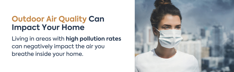 Outdoor Air Quality Can Impact Your Home text: Living in areas with high pollution rates can negatively impact the air you breathe inside your home. image: a woman wearing a mask outside