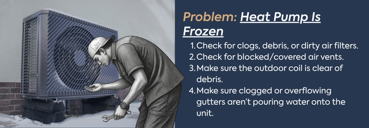 Problem: Heat Pump Is Frozen text: Check for clogs, debris, or dirty air filters. Check for blocked/covered air vents. Make sure the outdoor coil is clear of debris. Make sure clogged or overflowing gutters aren’t pouring water onto the unit.