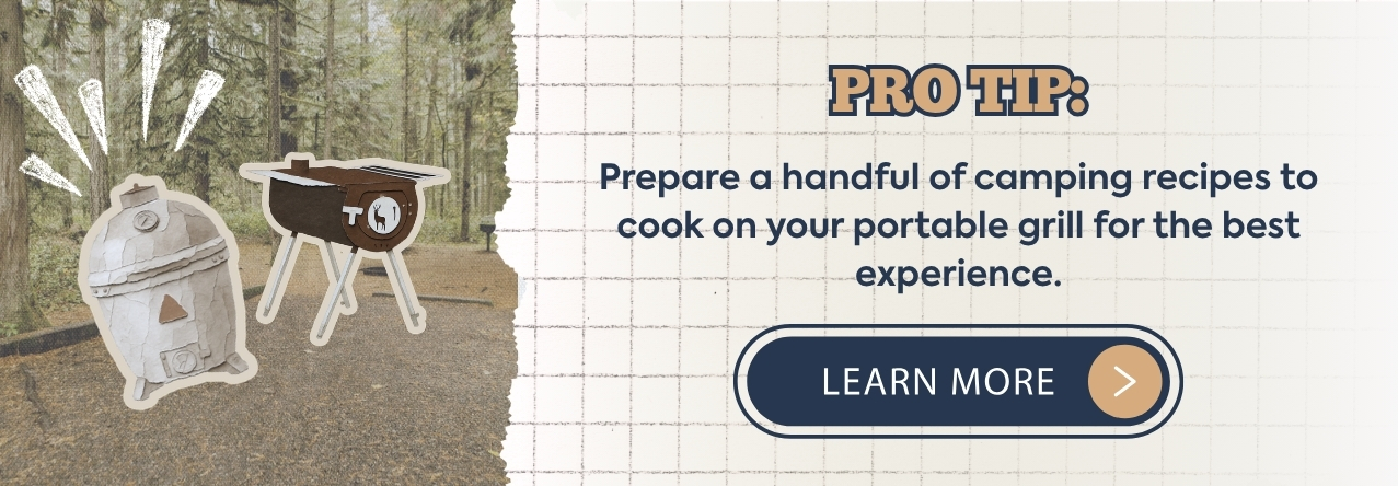 Camping recipe pro tip text: Prepare a handful of camping recipes to cook on your portable grill for the best experience. image: a stylized kamado grill and caribou backpacker camp stove from US Stove