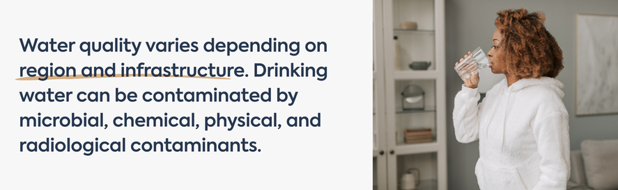 text: Water quality varies depending on region and infrastructure. Drinking water can be contaminated by microbial, chemical, physical, and radiological contaminants. image: a black woman with caramel 4c curls drinking clean water