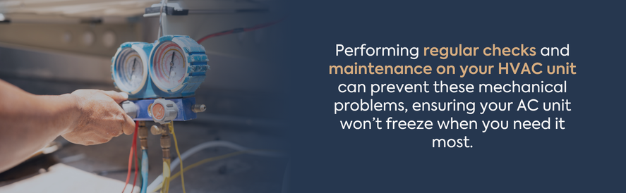 text: Performing regular checks and maintenance on your HVAC unit can prevent these mechanical problems, ensuring your AC unit won&rsquo;t freeze when you need it most. image: manifold gauge set performing HVAC maintenance checks