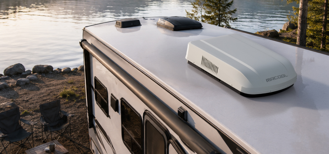 MrCool TravelCool RV Inverter AC and Heat System MrCool TravelCool RV Inverter AC and Heat System installed on the rooftop of a motorhome RV