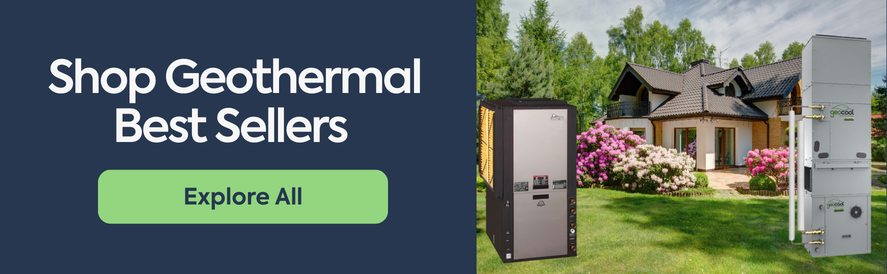 Shop Geothermal Bestsellers at IWAE image: a climatemaster and geocool geothermal heat pump imposed over a floral yard.