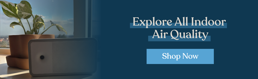 text: Explore all indoor air quality image: an AWAIR Element Indoor Air Quality Monitor in front of a potted plant
