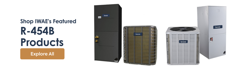 Shop IWAE's Featured R-454B Products Today text: Shop IWAE's Featured R-454B Products Today image: R-454B IWAE branded split system heat pumps