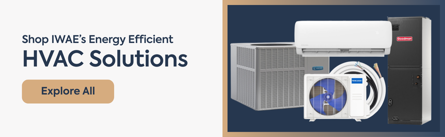 shop iwae's energy-efficient hvac solutions text: shop iwae's energy-efficient hvac solutions image: mrcool ductless mini split, mrcool package unit, goodman furnace