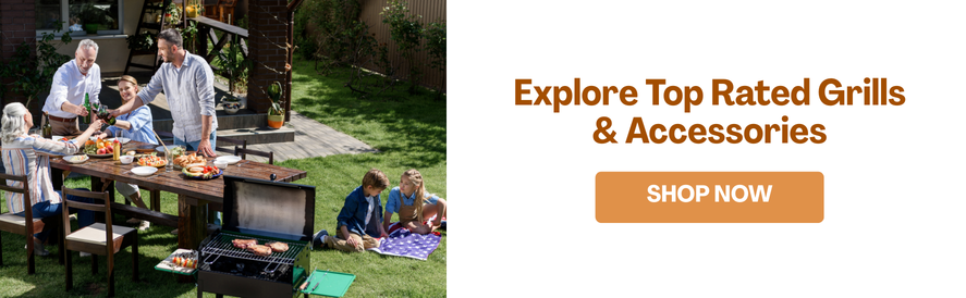 Explore IWAE's Top Rated Grills & Accessories text: Explore Top Rated Grills & Accessories image: a family sharing a meal in their backyard.