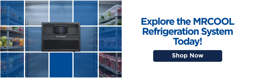 Explore the MRCOOL Refrigeration System Today! image: a mrcool compact refrigeration system in a walk in vegetable cooler