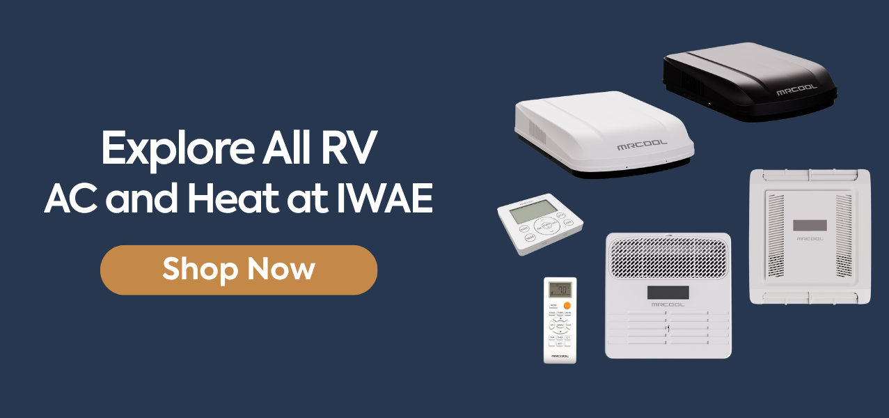explore all rv ac and heat at IWAE explore all rv ac and heat at IWAE. featured: the components of the mrcool travelcool rv inverter system; black and white rooftop condensers, a mrcool thermostat, remote controller, and two air distribution boxes