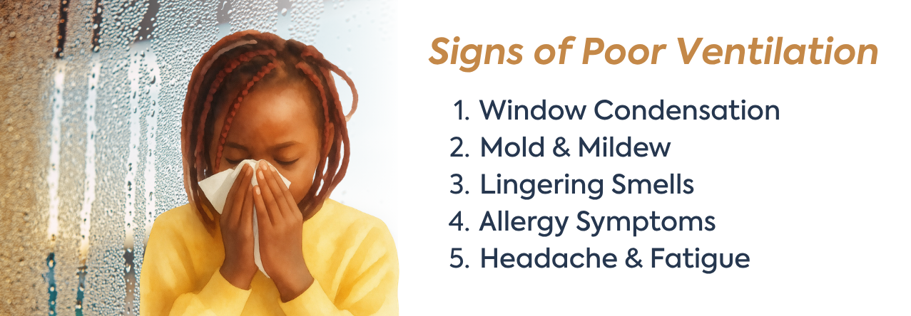 Signs of Poor Ventilation text: Window Condensation Mold & Mildew Lingering Smells Allergy Symptoms Headache & Fatigue