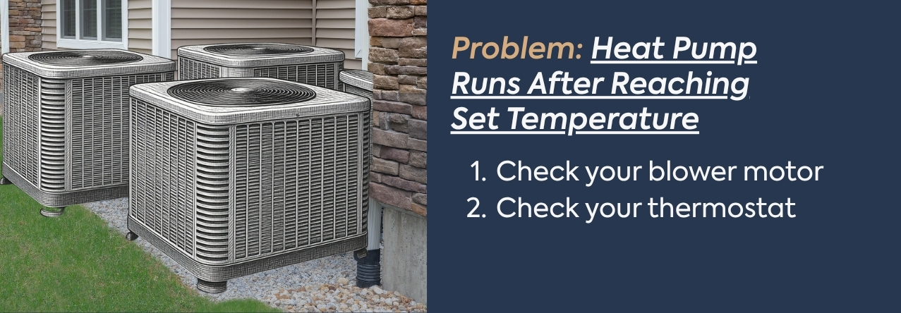 Problem: Heat Pump Runs After Reaching Set Temperature text: Check your blower motor Check your thermostat