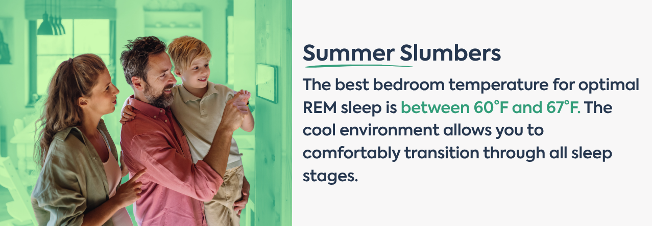 text: The best bedroom temperature for optimal REM sleep is between 60&deg;F and 67&deg;F. The cool environment allows you to comfortably transition through all sleep stages.