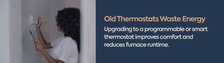 Old Thermostats Waste Energy text: Upgrading to a programmable or smart thermostat improves comfort and reduces furnace runtime.